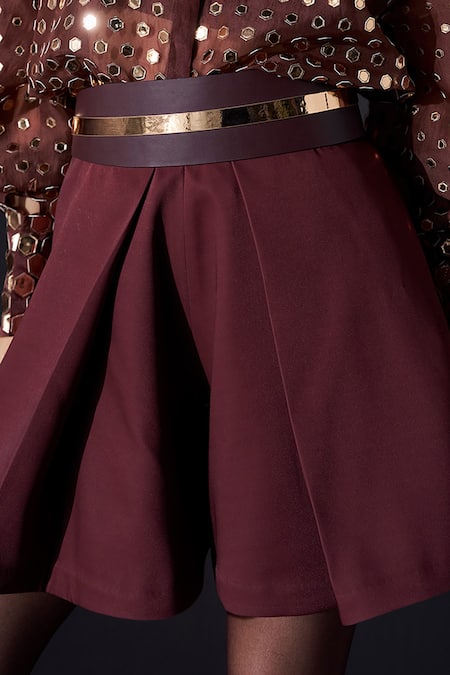 Pankaj & Nidhi Brown Crepe Araquis Pleated Skorts Online at Aza Fashions Pankaj & Nidhi_Brown Crepe Araquis Pleated Skorts _Online_at_Aza_Fashions