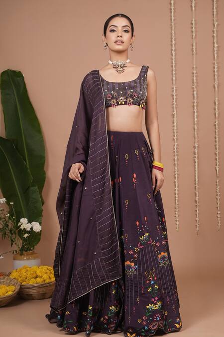 Buy_Ahi Clothing_Purple Crepe, Organza Embroidery, Zari, Sequins, Floral Pattern Lehenga Set _Online_at_Aza_Fashions