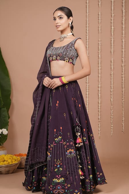 Shop_Ahi Clothing_Purple Crepe, Organza Embroidery, Zari, Sequins, Floral Pattern Lehenga Set _Online_at_Aza_Fashions