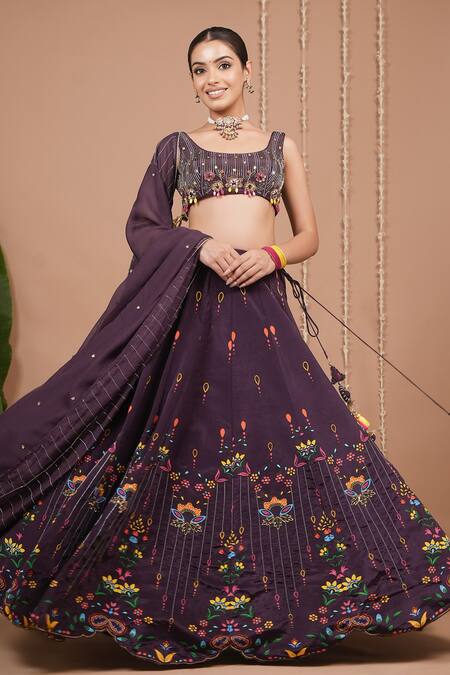 Ahi Clothing_Purple Crepe, Organza Embroidery, Zari, Sequins, Floral Pattern Lehenga Set _at_Aza_Fashions