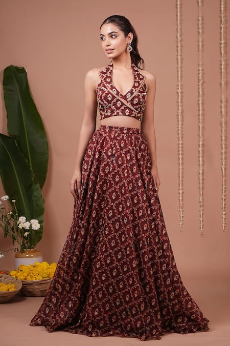 Buy_Ahi Clothing_Maroon Organza Zari, Stones, Beads, Embroidery Bandhani Print Top With Lehenga _Online_at_Aza_Fashions