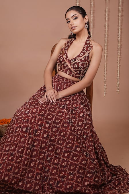 Shop_Ahi Clothing_Maroon Organza Zari, Stones, Beads, Embroidery Bandhani Print Top With Lehenga _Online_at_Aza_Fashions