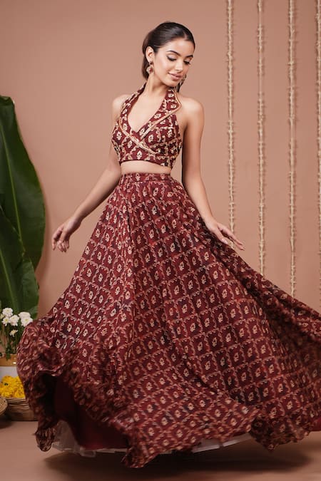 Ahi Clothing_Maroon Organza Zari, Stones, Beads, Embroidery Bandhani Print Top With Lehenga _at_Aza_Fashions