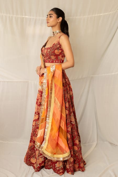 Priyanka Raajiv Maroon Cotton Patchwork, Sequins, Beads, Gota Sannadha Upcycled Lehenga Set Online at Aza Fashions Priyanka Raajiv_Maroon Cotton Patchwork, Sequins, Beads, Gota Sannadha Upcycled Lehenga Set _Online_at_Aza_Fashions