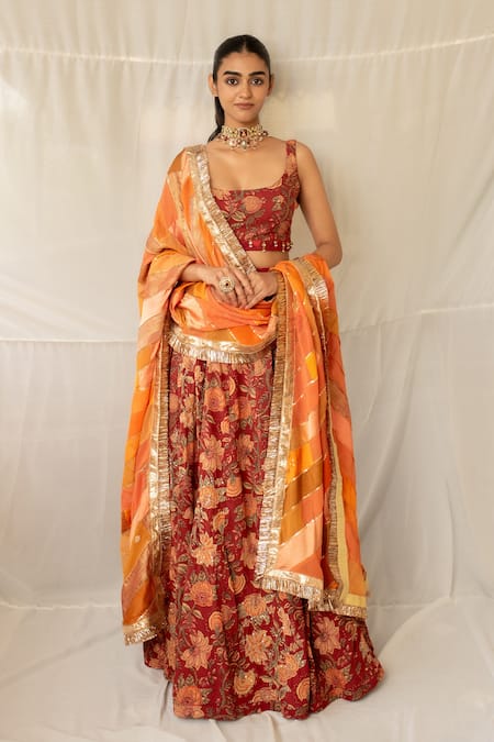 Shop Priyanka Raajiv Maroon Cotton Patchwork, Sequins, Beads, Gota Sannadha Upcycled Lehenga Set Online at Aza Fashions Shop_Priyanka Raajiv_Maroon Cotton Patchwork, Sequins, Beads, Gota Sannadha Upcycled Lehenga Set _Online_at_Aza_Fashions