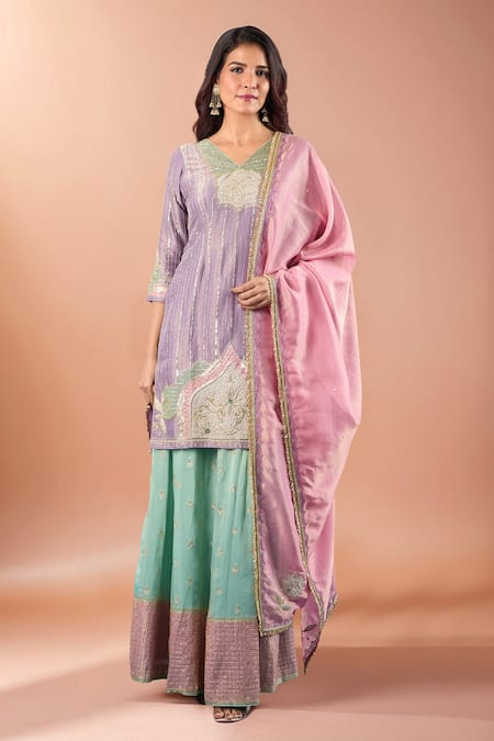 Samyukta Singhania Purple Tissue Zari, Sequins, Embroidery, Applique V-neck Work Kurta Set 