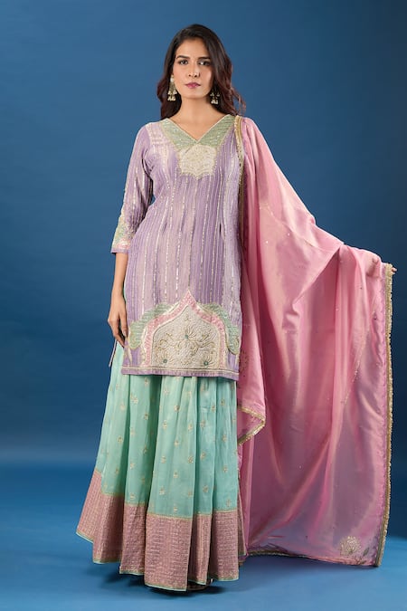 Buy_Samyukta Singhania_Purple Tissue Zari, Sequins, Embroidery, Applique V-neck Work Kurta Set 