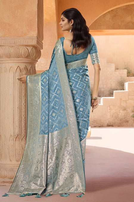 Shop Naintara Bajaj Blue Brocade, Silk Zari Boat Neck Floret Woven Saree With Blouse at Aza Fashions Shop_Naintara Bajaj_Blue Brocade, Silk Zari Boat Neck Floret Woven Saree With Blouse _at_Aza_Fashions