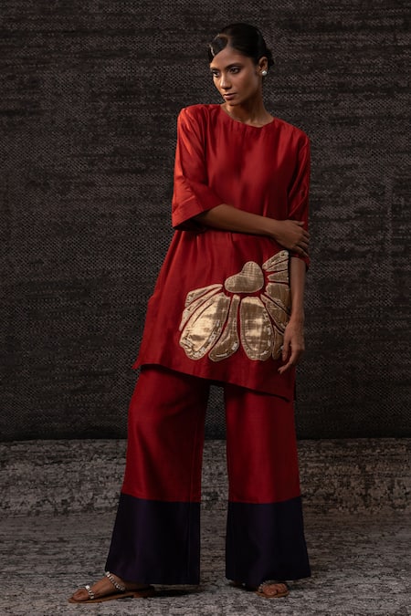 Eeda Red Chanderi Silk Applique, Embroidery Round Neck Tunic With Palazzo at Aza Fashions Eeda_Red Chanderi Silk Applique, Embroidery Round Neck Tunic With Palazzo _at_Aza_Fashions