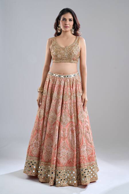 Buy_Abhinav Mishra_Orange Chanderi, Organza Mirrors, Embroidery, Zari, Tassels Safron Lehenga Set 