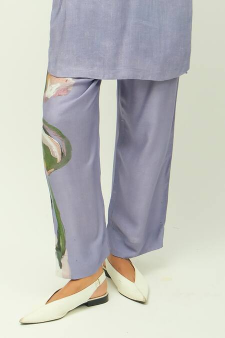 OFRIDA_Purple Viscose Mandarin Collar Nysa Hand Painted Print Kurta Pant Set _Online_at_Aza_Fashions