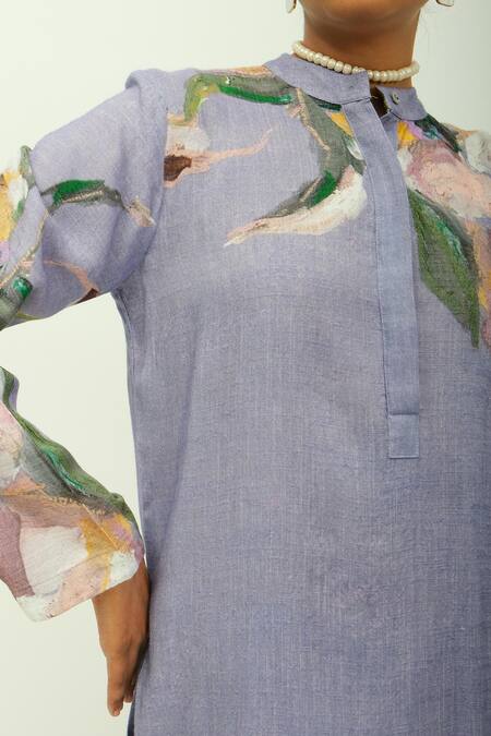 OFRIDA_Purple Viscose Mandarin Collar Nysa Hand Painted Print Kurta Pant Set _at_Aza_Fashions