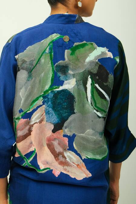 Shop_OFRIDA_Blue Bemberg, Muslin Beads, Foil Printing V-neck Midnight Psy Kurta And Pant Set _Online_at_Aza_Fashions