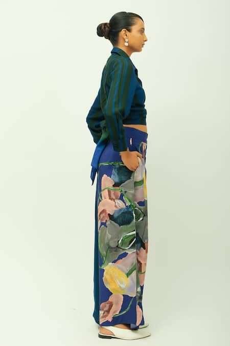 OFRIDA Blue Bemberg, Muslin Collared Midnight Psy Shirt And Pant Set Online at Aza Fashions OFRIDA_Blue Bemberg, Muslin Collared Midnight Psy Shirt And Pant Set _Online_at_Aza_Fashions