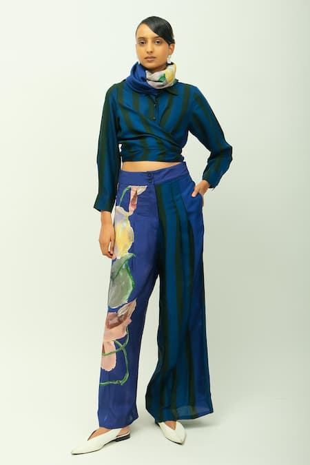 Buy OFRIDA Blue Bemberg, Muslin Collared Midnight Psy Shirt And Pant Set Online at Aza Fashions Buy_OFRIDA_Blue Bemberg, Muslin Collared Midnight Psy Shirt And Pant Set _Online_at_Aza_Fashions