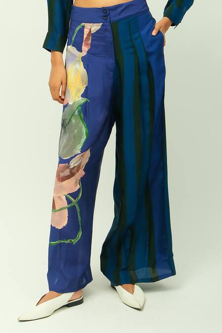 Buy OFRIDA Blue Bemberg, Muslin Collared Midnight Psy Shirt And Pant Set Buy_OFRIDA_Blue Bemberg, Muslin Collared Midnight Psy Shirt And Pant Set