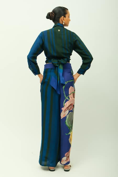 Shop OFRIDA Blue Bemberg, Muslin Collared Midnight Psy Shirt And Pant Set at Aza Fashions Shop_OFRIDA_Blue Bemberg, Muslin Collared Midnight Psy Shirt And Pant Set _at_Aza_Fashions