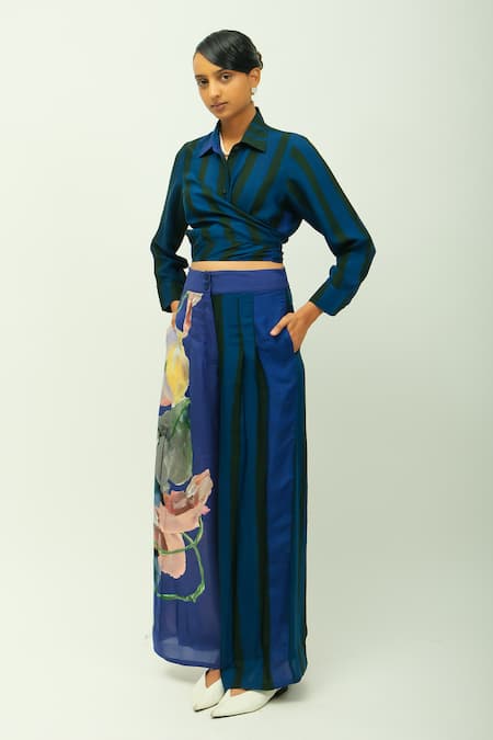 OFRIDA Blue Bemberg, Muslin Collared Midnight Psy Shirt And Pant Set 
