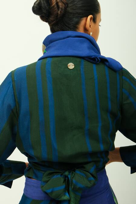 Shop OFRIDA Blue Bemberg, Muslin Collared Midnight Psy Shirt And Pant Set Shop_OFRIDA_Blue Bemberg, Muslin Collared Midnight Psy Shirt And Pant Set