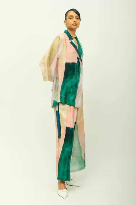 OFRIDA_Green Bemberg, Muslin Beads Twilight Hand Painted Print Jacket And Pant Set _Online_at_Aza_Fashions