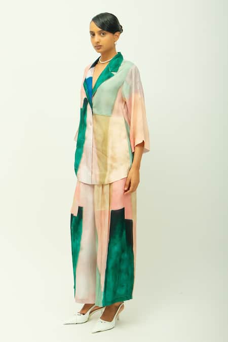 Buy_OFRIDA_Green Bemberg, Muslin Beads Twilight Hand Painted Print Jacket And Pant Set _Online_at_Aza_Fashions