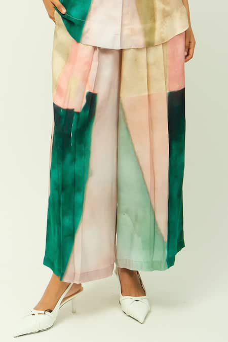 Shop_OFRIDA_Green Bemberg, Muslin Beads Twilight Hand Painted Print Jacket And Pant Set _Online_at_Aza_Fashions