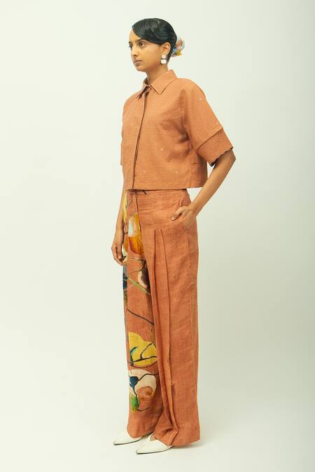 Buy_OFRIDA_Brown Beads Collared Mira Cropped Shirt And Pant Set _Online_at_Aza_Fashions