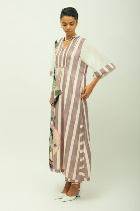 Shop_OFRIDA_Purple Viscose Split V-neck Melora Striped Kurta And Pant Set _Online_at_Aza_Fashions