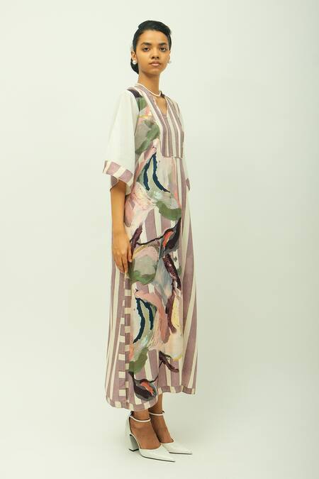 OFRIDA_Purple Viscose Split V-neck Melora Striped Kurta And Pant Set _at_Aza_Fashions