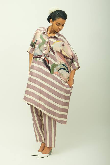 OFRIDA_Purple Viscose Collared Melora Striped Kaftan And Pant Set _Online_at_Aza_Fashions