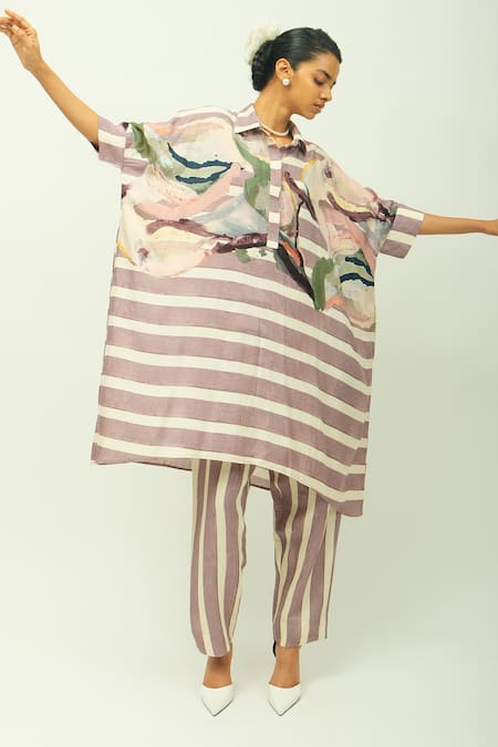 OFRIDA_Purple Viscose Collared Melora Striped Kaftan And Pant Set _at_Aza_Fashions