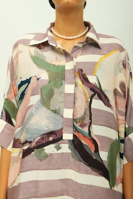 Buy_OFRIDA_Purple Viscose Collared Melora Striped Kaftan And Pant Set 