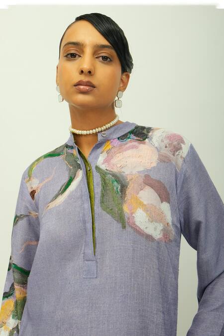 OFRIDA_Purple Viscose Mandarin Collar Nysa Hand Painted Print Kurta _Online_at_Aza_Fashions