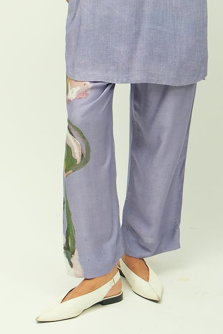OFRIDA_Purple Viscose Nysa Hand Painted Print Pant _Online_at_Aza_Fashions