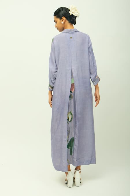 Shop OFRIDA Lavender Viscose Beads, Foil Printing Collared Nysa Hand Painted Dress at Aza Fashions Shop_OFRIDA_Lavender Viscose Beads, Foil Printing Collared Nysa Hand Painted Dress _at_Aza_Fashions