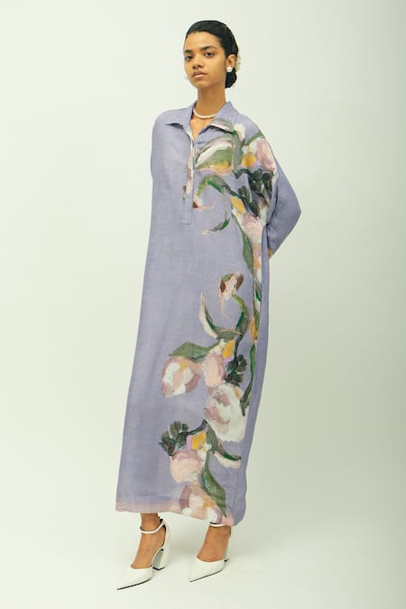 OFRIDA Lavender Viscose Beads, Foil Printing Collared Nysa Hand Painted Dress 