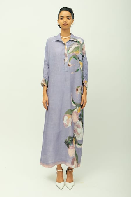 OFRIDA Lavender Viscose Beads, Foil Printing Collared Nysa Hand Painted Dress Online at Aza Fashions OFRIDA_Lavender Viscose Beads, Foil Printing Collared Nysa Hand Painted Dress _Online_at_Aza_Fashions