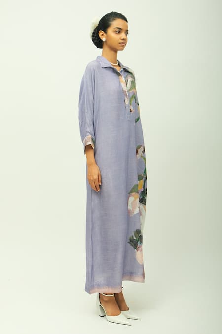 Buy OFRIDA Lavender Viscose Beads, Foil Printing Collared Nysa Hand Painted Dress Online at Aza Fashions Buy_OFRIDA_Lavender Viscose Beads, Foil Printing Collared Nysa Hand Painted Dress _Online_at_Aza_Fashions