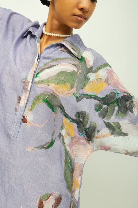 OFRIDA Lavender Viscose Beads, Foil Printing Collared Nysa Hand Painted Dress at Aza Fashions OFRIDA_Lavender Viscose Beads, Foil Printing Collared Nysa Hand Painted Dress _at_Aza_Fashions