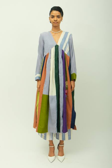 OFRIDA_Blue Cotton, Viscose, Poplin Embroidery V-neck Papillon Hand Painted Print Dress _Online_at_Aza_Fashions