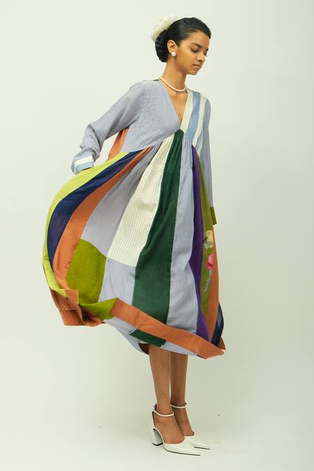 Buy_OFRIDA_Blue Cotton, Viscose, Poplin Embroidery V-neck Papillon Hand Painted Print Dress _Online_at_Aza_Fashions