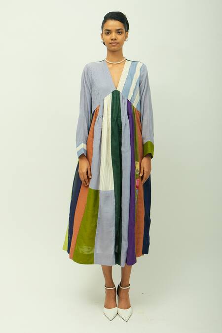 Shop_OFRIDA_Blue Cotton, Viscose, Poplin Embroidery V-neck Papillon Hand Painted Print Dress _Online_at_Aza_Fashions