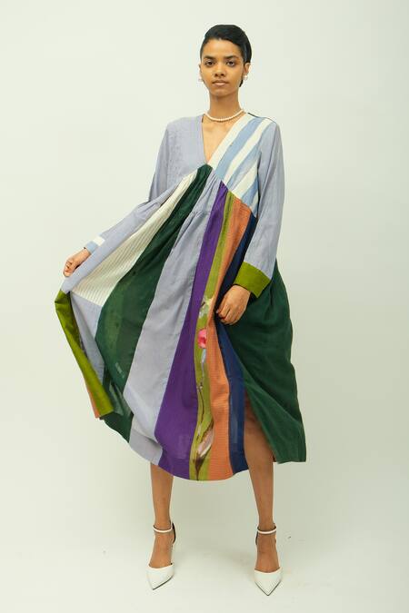 OFRIDA_Blue Cotton, Viscose, Poplin Embroidery V-neck Papillon Hand Painted Print Dress _at_Aza_Fashions