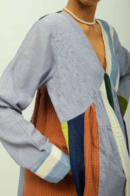 Shop_OFRIDA_Blue Cotton, Viscose, Poplin Embroidery V-neck Papillon Hand Painted Print Dress 