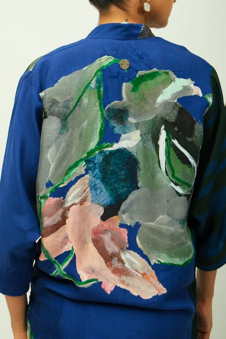 OFRIDA_Blue Bemberg, Muslin Midnight Psy Hand Painted Print Pant _Online_at_Aza_Fashions