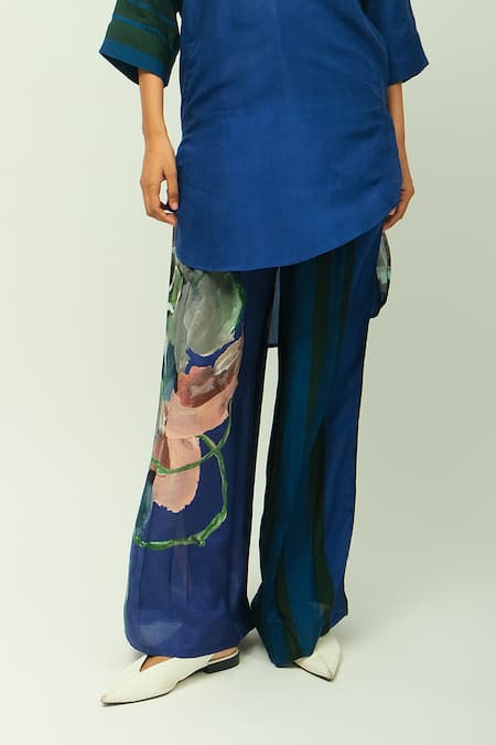 Buy_OFRIDA_Blue Bemberg, Muslin Midnight Psy Hand Painted Print Pant _Online_at_Aza_Fashions