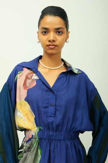 OFRIDA_Blue Bemberg, Muslin Collared Midnight Psy Hand Painted Print Dress _Online_at_Aza_Fashions