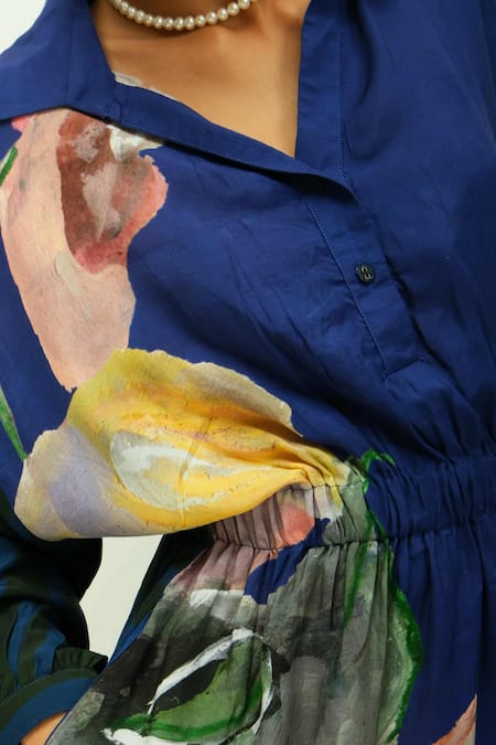 Buy_OFRIDA_Blue Bemberg, Muslin Collared Midnight Psy Hand Painted Print Dress _Online_at_Aza_Fashions