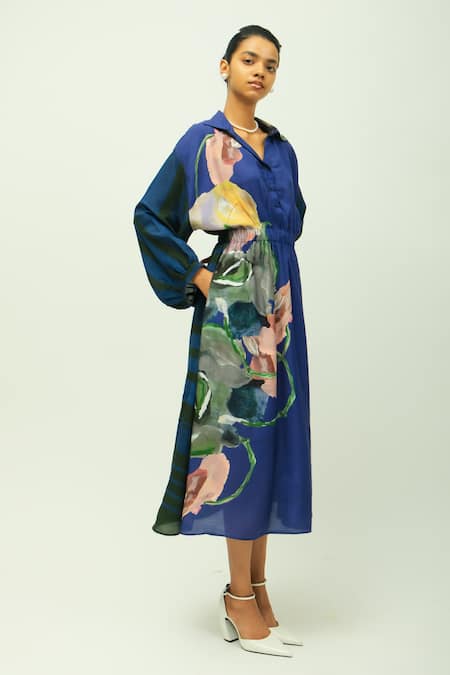 Shop_OFRIDA_Blue Bemberg, Muslin Collared Midnight Psy Hand Painted Print Dress _Online_at_Aza_Fashions