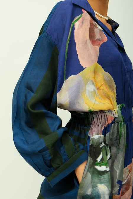 OFRIDA_Blue Bemberg, Muslin Collared Midnight Psy Hand Painted Print Dress _at_Aza_Fashions